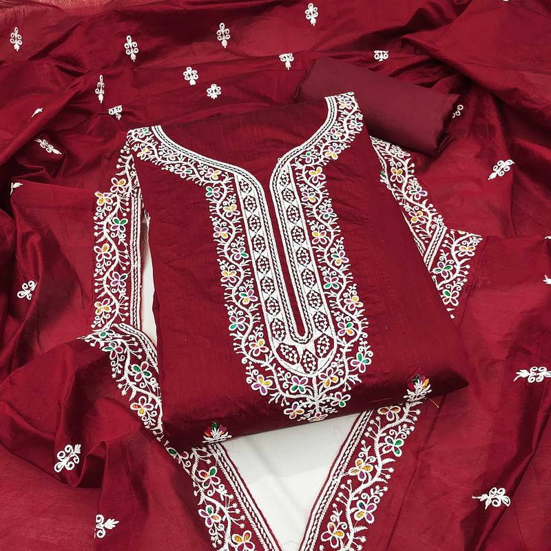 Maroon embroidered cotton semi stitched churidar dress-materials