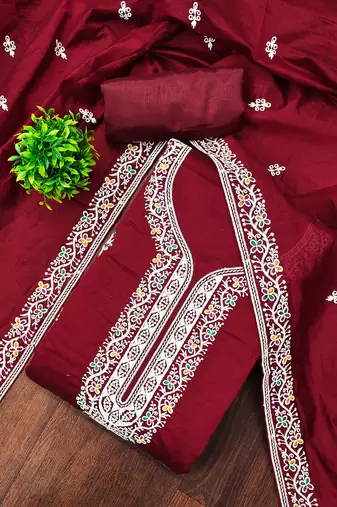 Maroon embroidered cotton churidar dress-materials