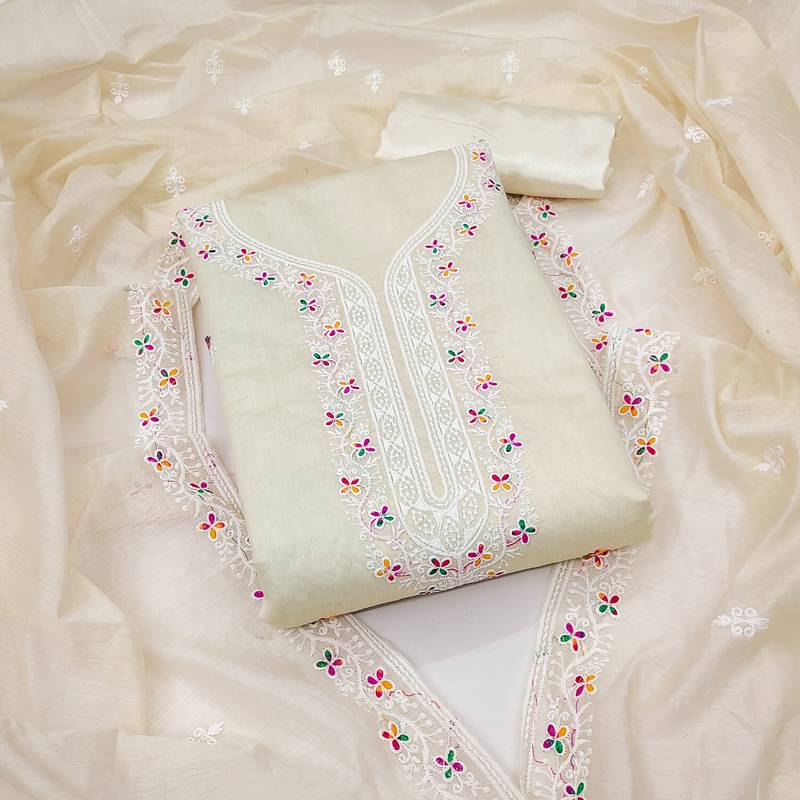 White embroidered cotton semi stitched churidar dress-materials