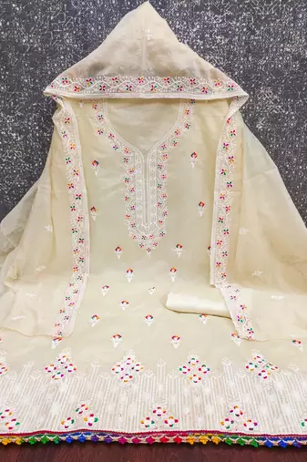 White embroidered cotton churidar dress-materials