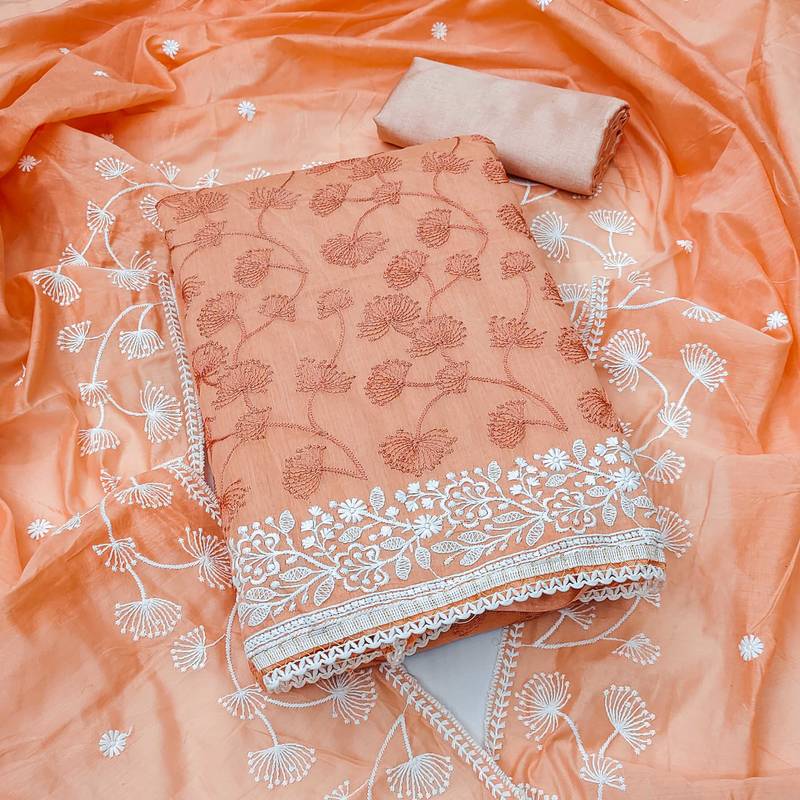 Peach embroidered chanderi semi stitched churidar dress-materials