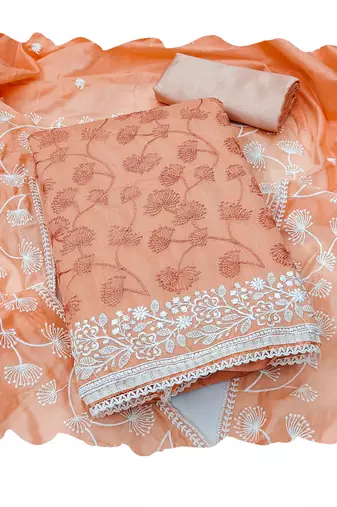 Peach embroidered chanderi churidar dress-materials