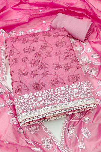 Pink embroidered chanderi semi stitched churidar dress-materials