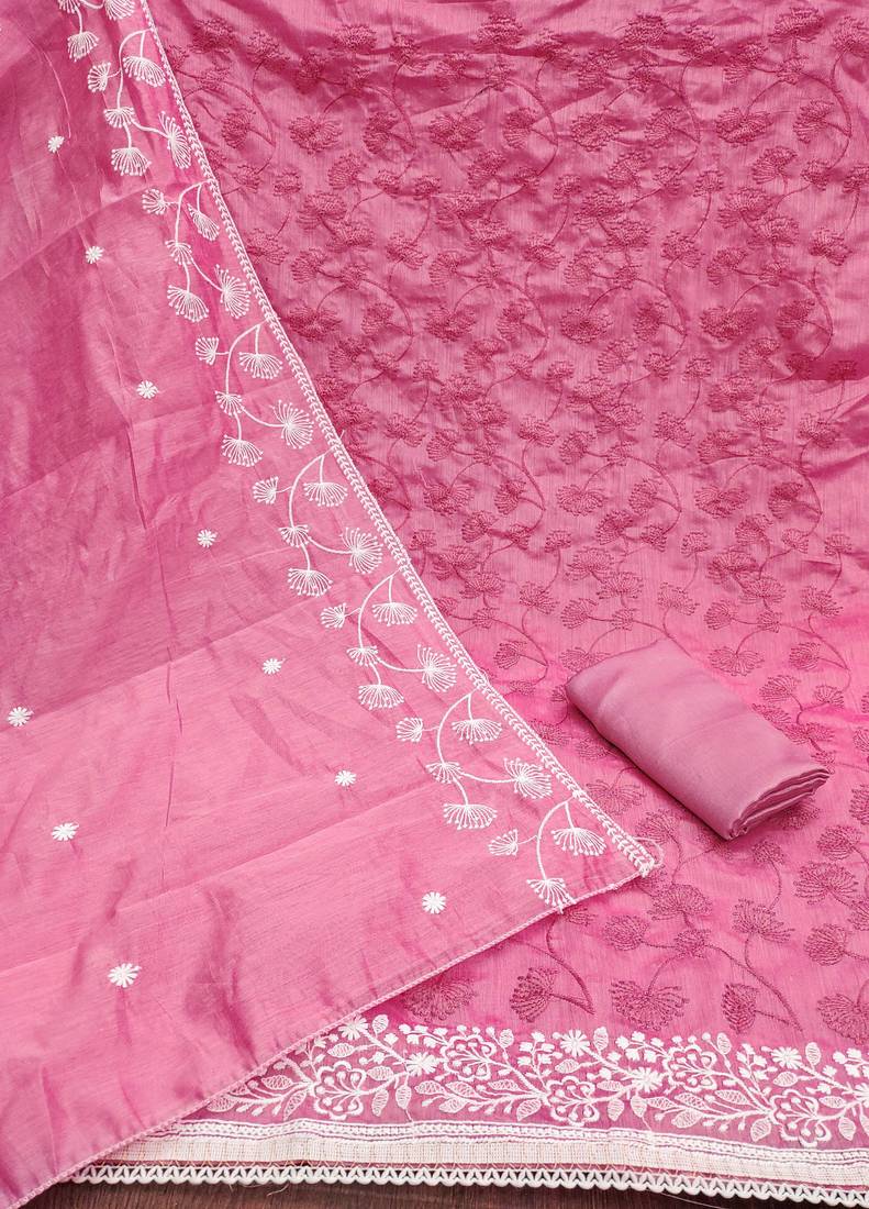 Pink embroidered chanderi semi stitched churidar dress-materials