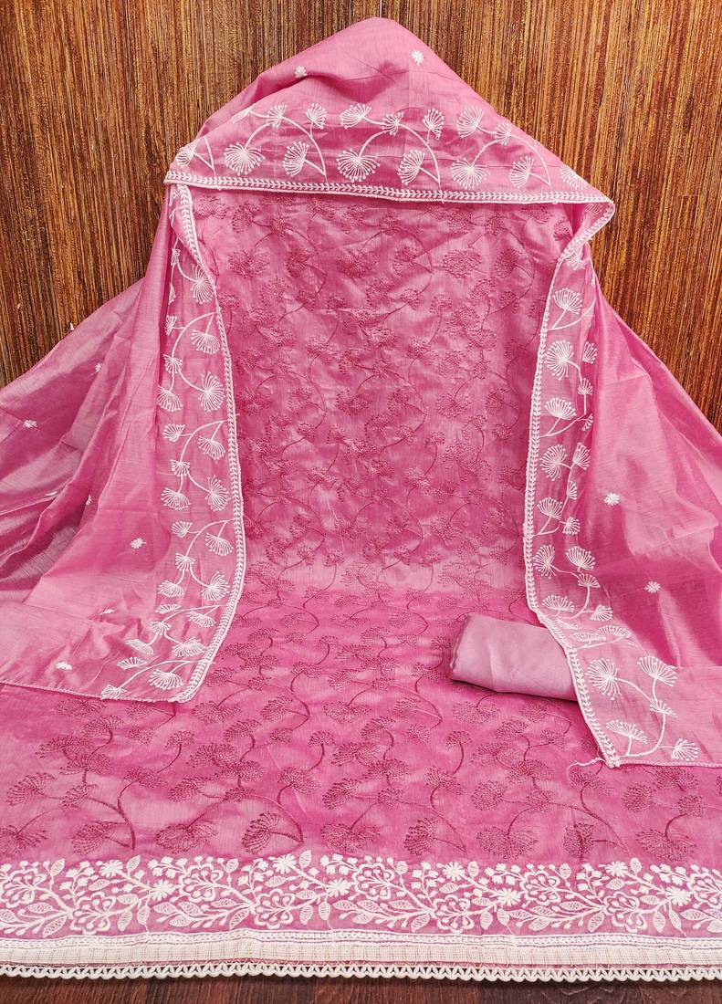 Pink embroidered chanderi semi stitched churidar dress-materials