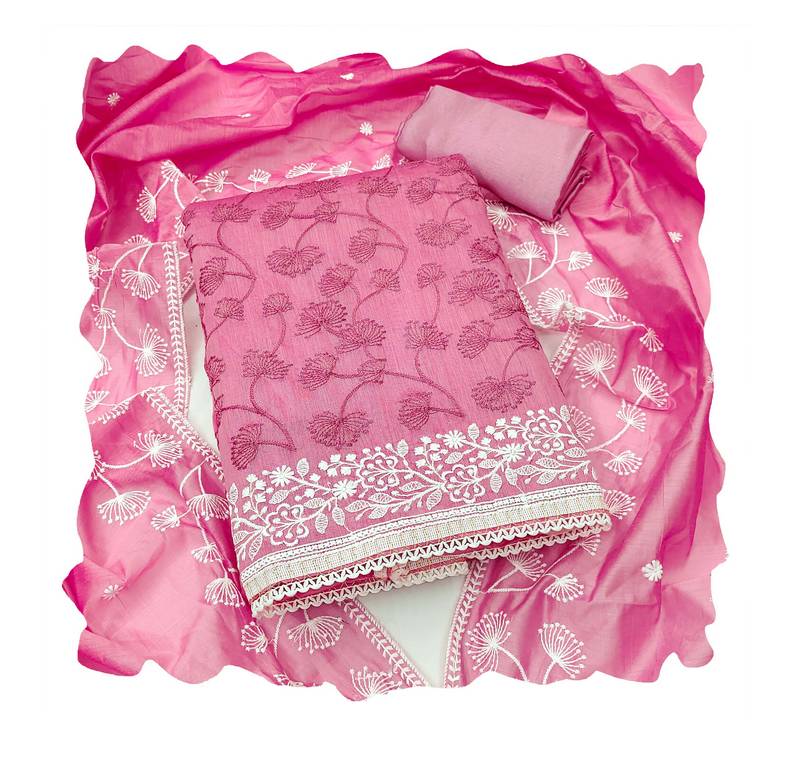 Pink embroidered chanderi semi stitched churidar dress-materials