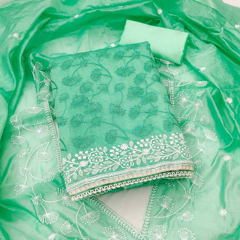 Sea-green embroidered chanderi semi stitched churidar dress-materials