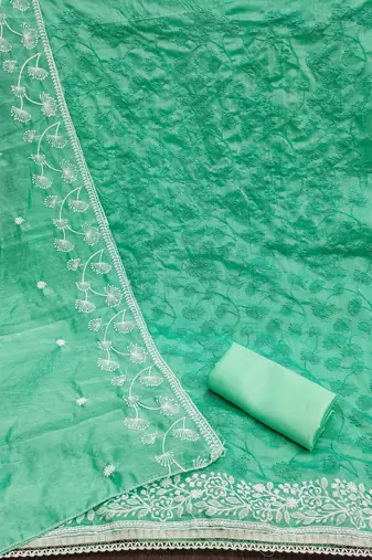Sea-green embroidered chanderi churidar dress-materials