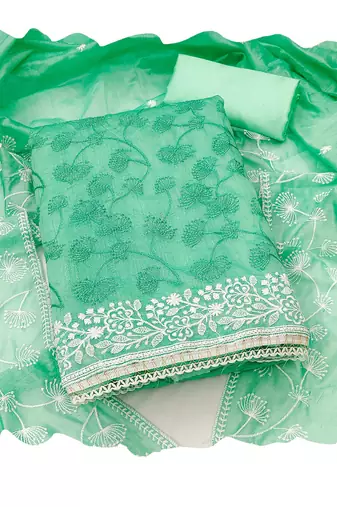 Sea-green embroidered chanderi churidar dress-materials
