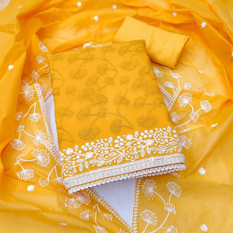 Yellow embroidered chanderi semi stitched churidar dress-materials