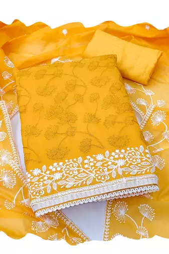 Yellow embroidered chanderi churidar dress-materials
