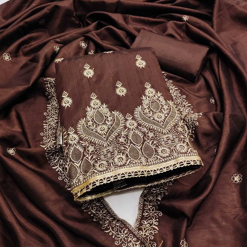 Brown embroidered cotton semi stitched churidar dress-materials