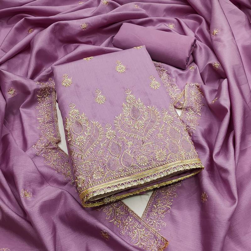 Purple embroidered cotton semi stitched churidar dress-materials