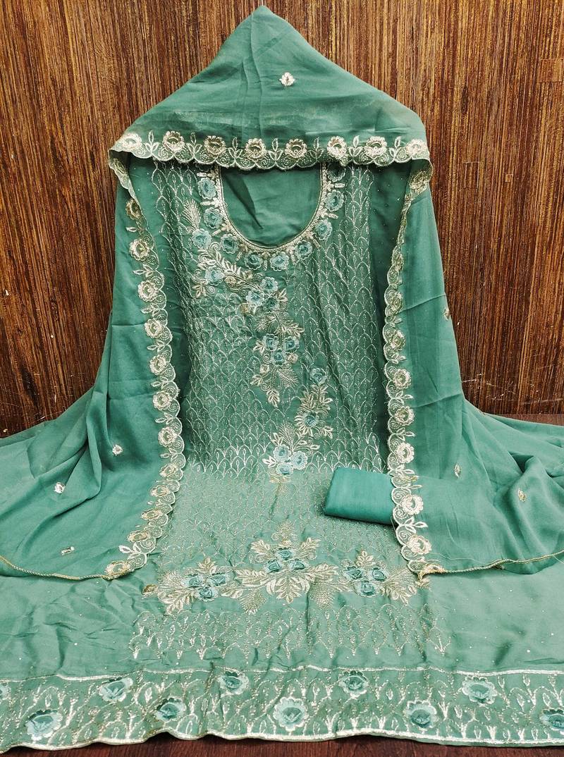 sea-green embroidered georgette semi_stitched churidar dress-materials