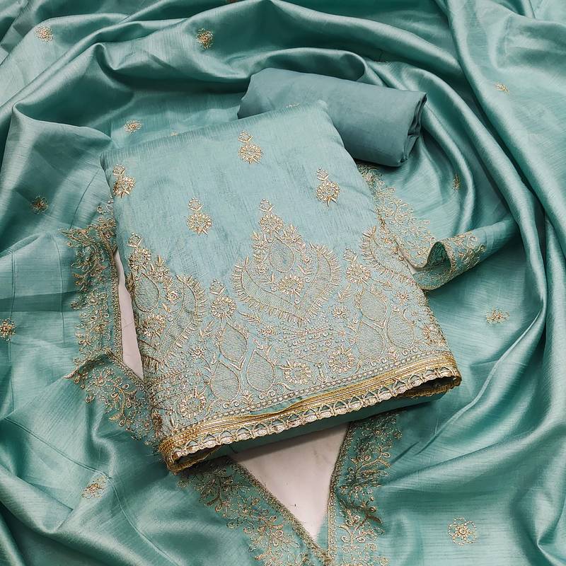 Sea-green embroidered cotton semi stitched churidar dress-materials