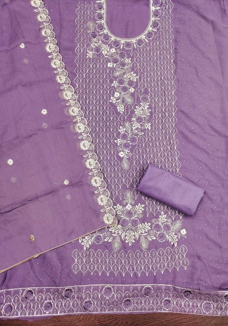 purple embroidered georgette semi_stitched churidar dress-materials