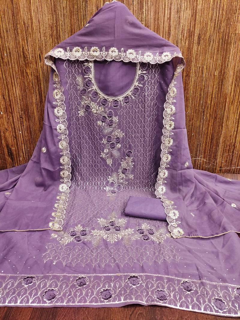 purple embroidered georgette semi_stitched churidar dress-materials