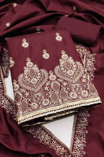 Wine embroidered cotton semi stitched churidar dress-materials