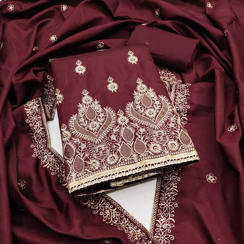 Wine embroidered cotton semi stitched churidar dress-materials