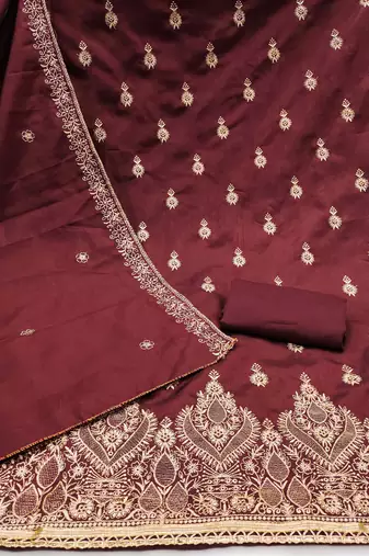 Wine embroidered cotton churidar dress-materials