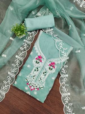 sea-green embroidered organza semi_stitched churidar dress-materials 1