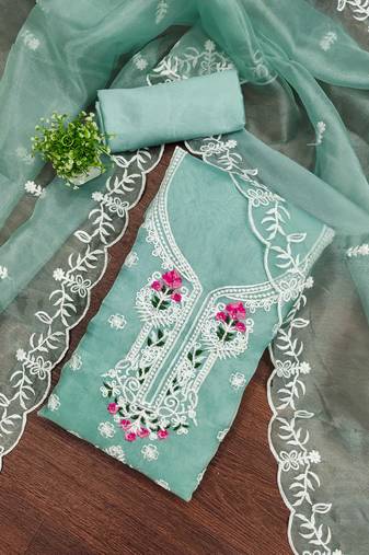sea-green embroidered organza semi_stitched churidar dress-materials