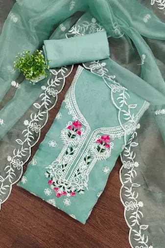 sea-green embroidered organza semi_stitched churidar dress-materials