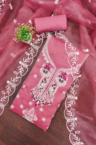 pink embroidered organza semi_stitched churidar dress-materials