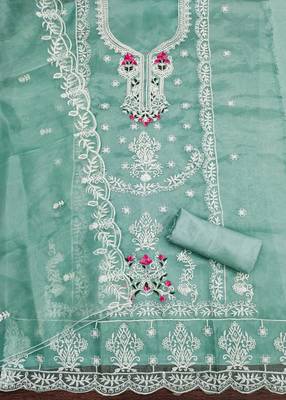 sea-green embroidered organza semi_stitched churidar dress-materials 2