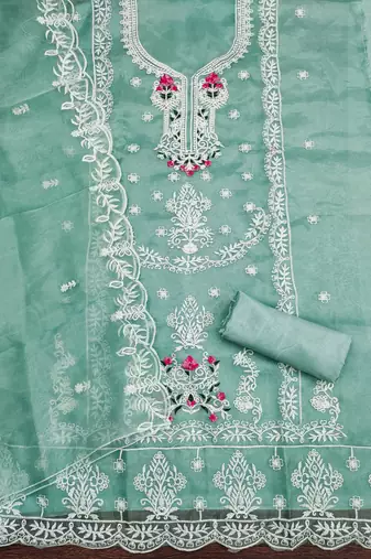 sea-green embroidered organza semi_stitched churidar dress-materials