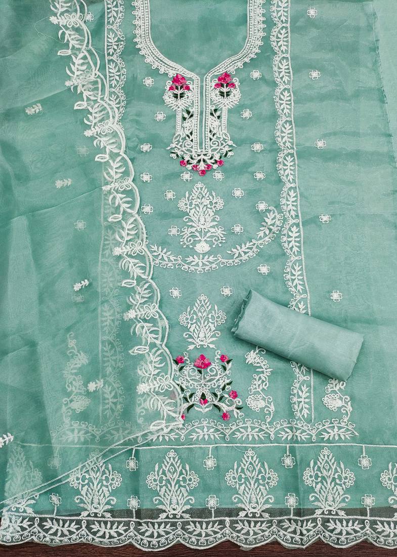 sea-green embroidered organza semi_stitched churidar dress-materials