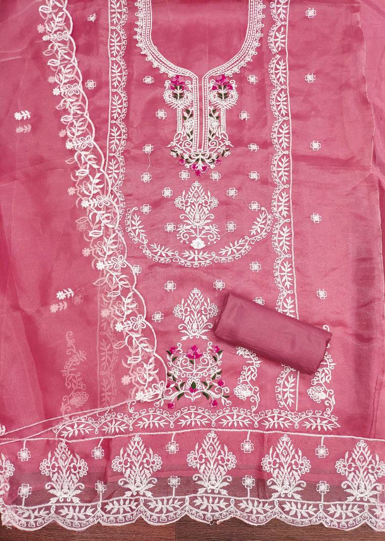 pink embroidered organza semi_stitched churidar dress-materials