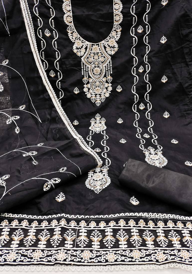 Black sequins cotton semi stitched churidar dress-materials