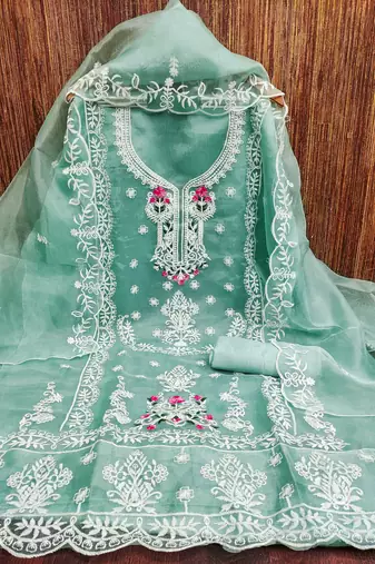 sea-green embroidered organza semi_stitched churidar dress-materials