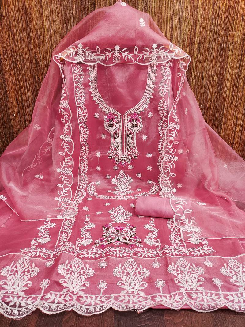 pink embroidered organza semi_stitched churidar dress-materials