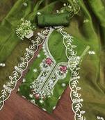 green embroidered organza semi_stitched churidar dress-materials