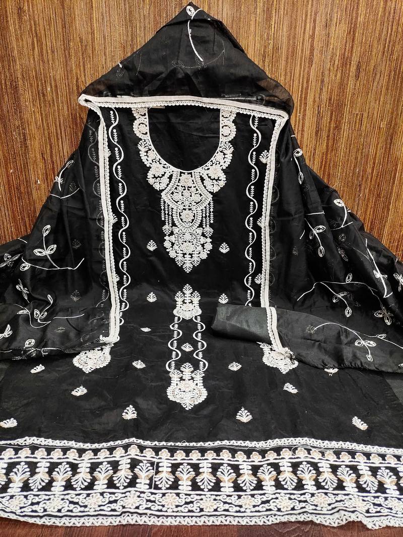 Black sequins cotton semi stitched churidar dress-materials
