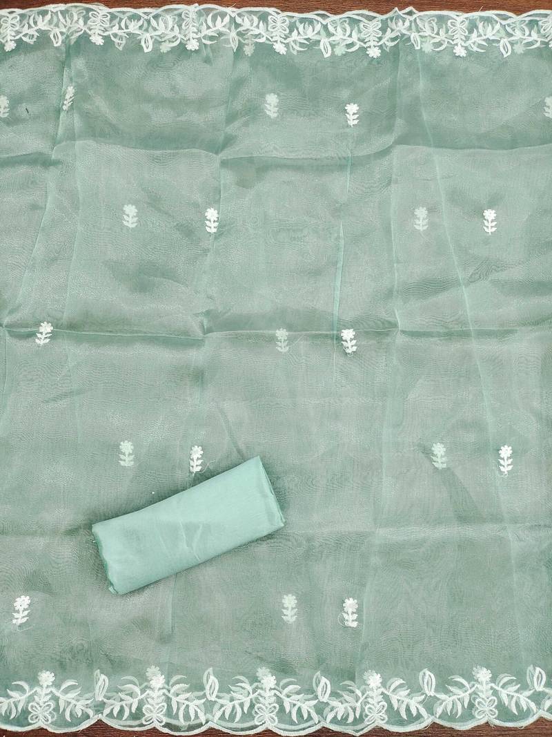 sea-green embroidered organza semi_stitched churidar dress-materials