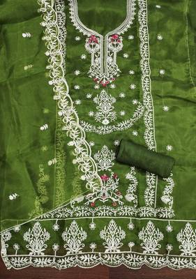 green embroidered organza semi_stitched churidar dress-materials 2