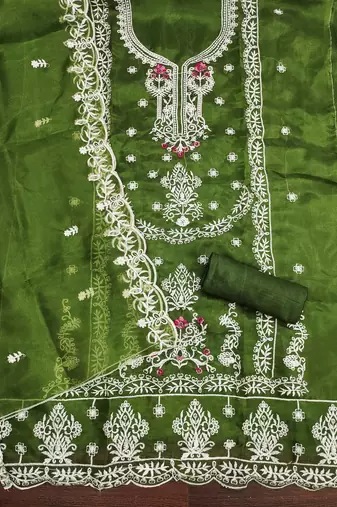 green embroidered organza semi_stitched churidar dress-materials