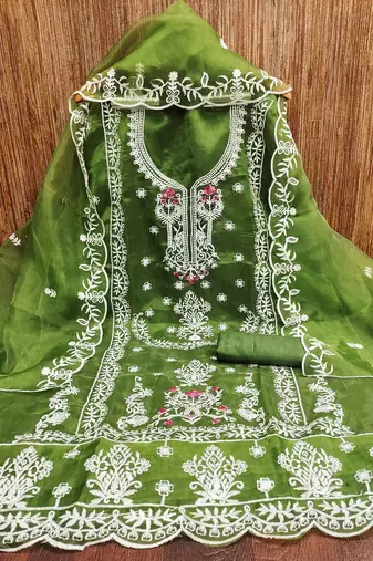 green embroidered organza semi_stitched churidar dress-materials