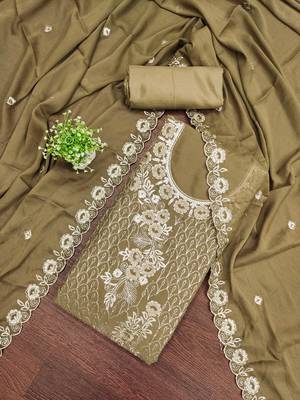 olive embroidered georgette semi_stitched churidar dress-materials 1
