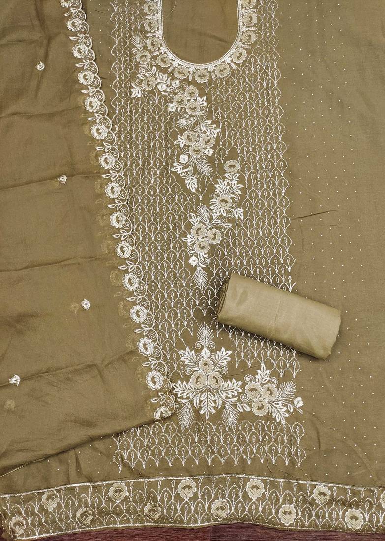 olive embroidered georgette semi_stitched churidar dress-materials