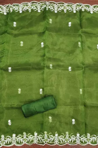 green embroidered organza semi_stitched churidar dress-materials