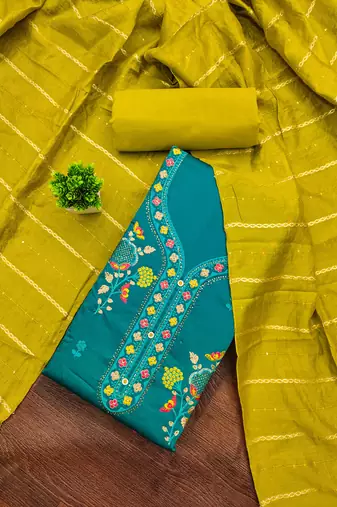 sea-green embroidered cotton semi_stitched churidar dress-materials