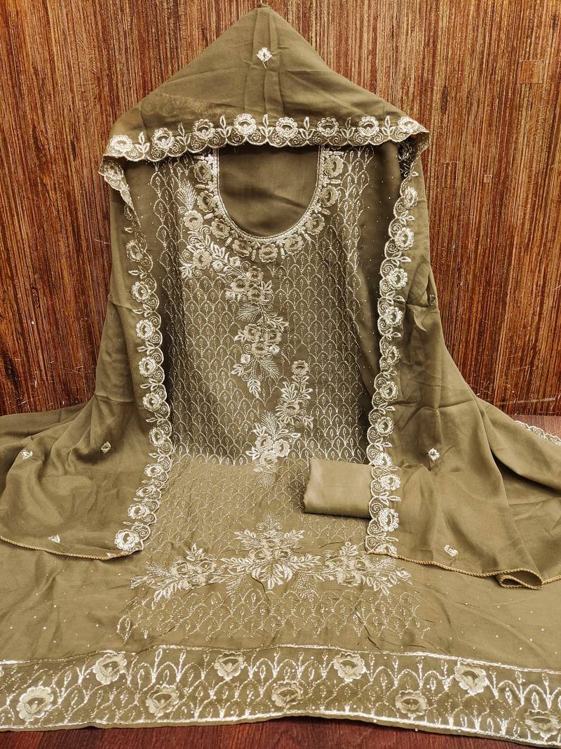 olive embroidered georgette semi_stitched churidar dress-materials