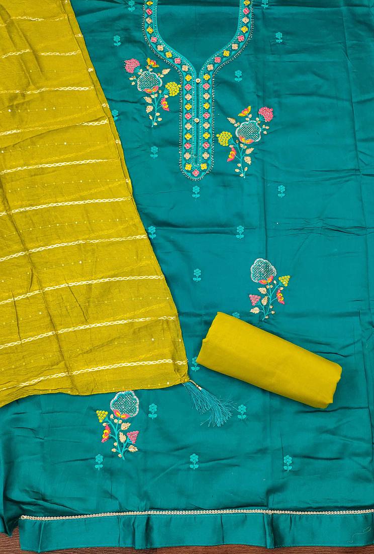 sea-green embroidered cotton semi_stitched churidar dress-materials