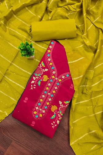 pink embroidered cotton semi_stitched churidar dress-materials