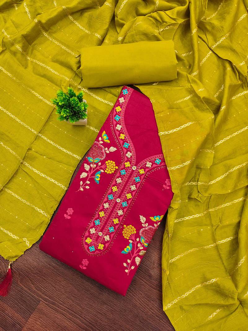 pink embroidered cotton semi_stitched churidar dress-materials