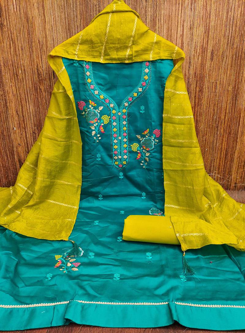 sea-green embroidered cotton semi_stitched churidar dress-materials